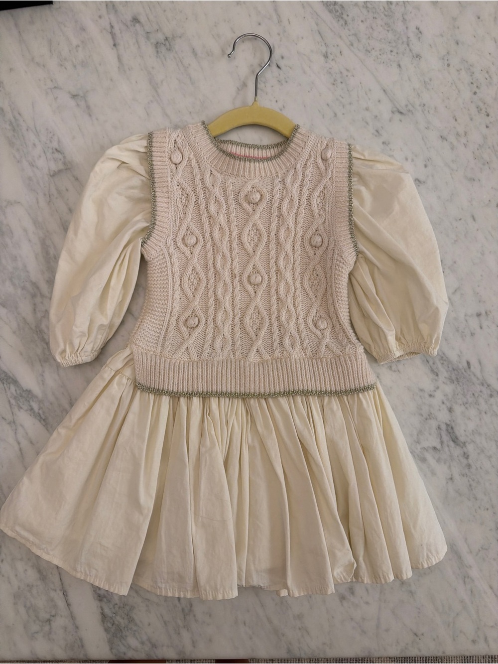 Cream Cable-Knit Bodice Puff-Sleeve Girls Dress